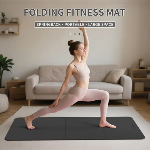 Vista 2 de Estera de Yoga de 7 Pliegues 177.8x61 cm - 1.27 cm de Grosor Estera de Ejercicio Plegable, Compacta Antideslizante de TPE para Viaje Negro + gris