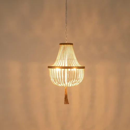 Vista 9 de candelabro rústico de 4 luces con cuentas de madera y borlas estilo Bohemia, luz colgante rústica antigua para dormitorio, isla de cocina, comedor
