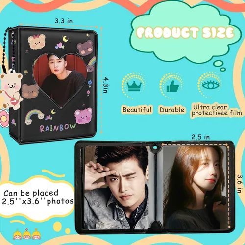 Vista 5 de Kpop - Portatarjetas para tarjetas fotográficas de 3 pulgadas, color negro, mini álbum con bonito colgante, 40 bolsillos, 20 páginas