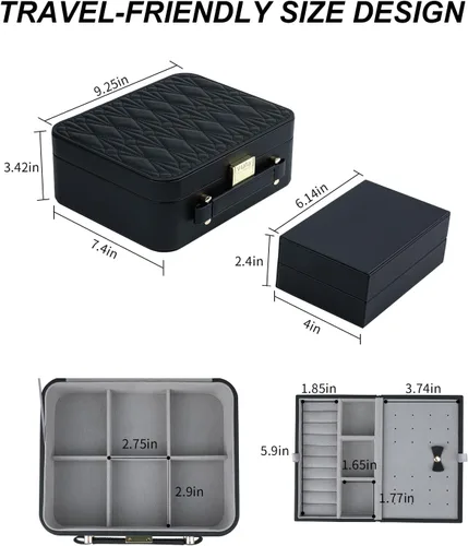 Vista 7 de V-LAFUY Joyero para mujer, organizador de joyas de viaje con bandeja de joyería para anillos, aretes, collares, pulseras y relojes, color negro