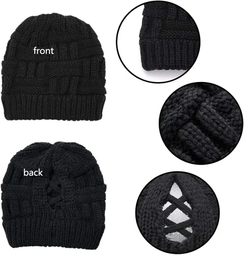 Vista 3 de DANMY Gorro de cola de caballo para mujer, gorro de moño con agujero para cola de caballo, gorro de punto cálido de invierno