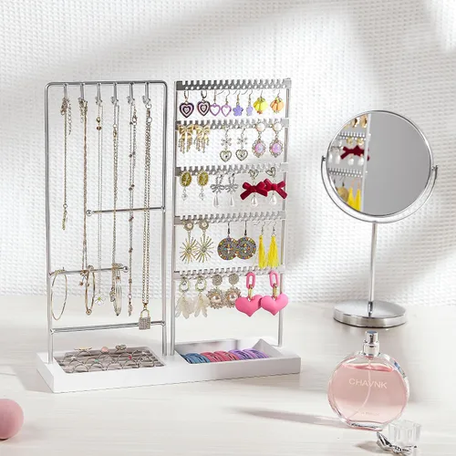 Vista 2 de Vtopmart Organizador de aretes, 5 niveles, organizador de aretes para venta, organizador de joyas con 90 agujeros, plateado y blanco