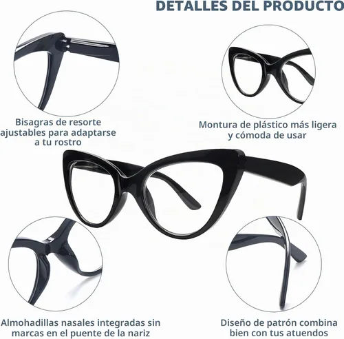 Vista 6 de Pack de 6 gafas de moda de ojo de gato para mujer con bloqueo de luz azul, bisagras de resorte extra grandes, lentes para computadora