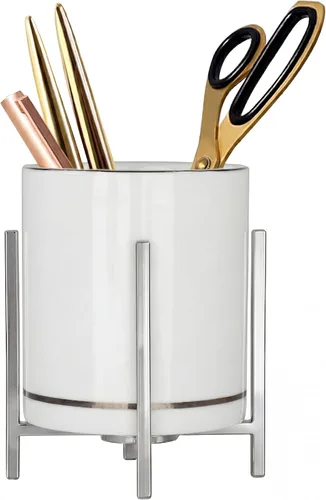 Vista 8 de Vaso de cerámica para escritorio, soporte de lápiz blanco y negro para escritorio, soporte para brochas de maquillaje de escritorio, soporte