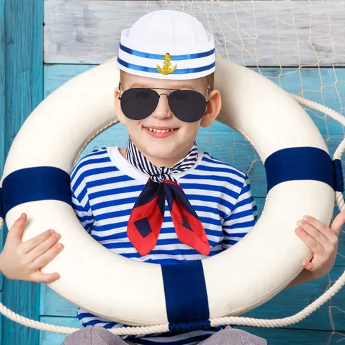 Vista 8 de RZJSLSHANHAI Paquete de 24 pañuelos de capitán marineros traje azul marino con sombrero de marinero blanco sombrero de marinero azul marino sombrero