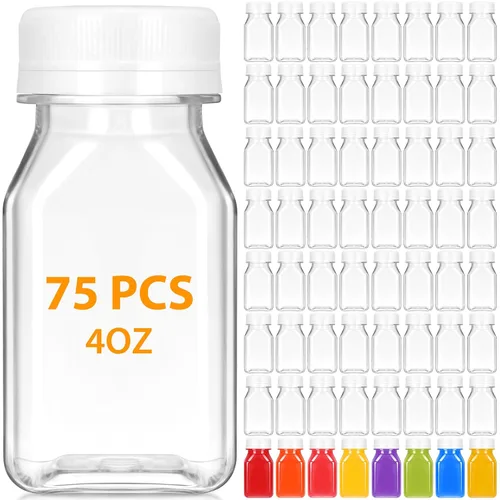 Vista 8 de Gerrii 75 botellas de plástico para jugo de 4 onzas con tapa, pequeñas botellas transparentes reutilizables con tapas, recipientes a granel, aptas