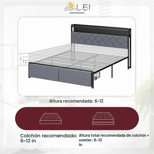 Vista 5 de SUNLEI Base de cama Queen con luz LED y 2 cajones, plataforma de metal con estación de carga y cabecera de almacenamiento de tela de lino, listones