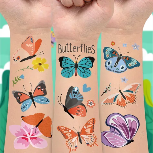 Vista 3 de EMOME 50 hojas de tatuajes temporales de mariposa para niñas, tatuajes envueltos individualmente para fiestas de cumpleaños de mariposas