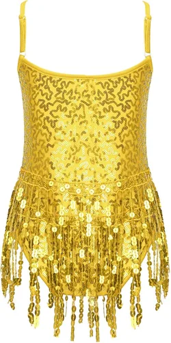 Vista 2 de Xnihocha Vestido de baile latino con borlas y lentejuelas brillantes para niñas y niñas, falda tutú, leotardo, moderno, disfraz de salón de jazz
