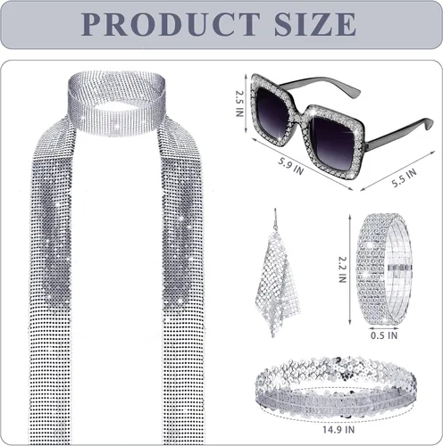 Vista 3 de Conjunto de 6 piezas de disfraz y accesorios de discoteca para mujer, vestido de los años 70, bufanda, pulsera, aretes, diadema, lentes de sol