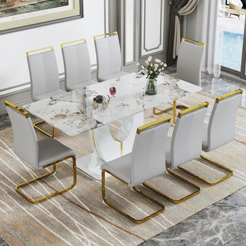 Vista 71 de JUFU Juego de mesa de comedor moderno para 4, juego de mesa de cocina rectangular de 63 pulgadas con mesa de mármol sintético y 4 sillas tapizadas