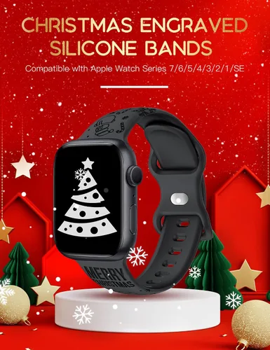 Vista 3 de Wearlizer - Correa con copos de nieve de Navidad grabada compatible con Apple Watch de 41/38/40/42/45/44/46/49 mm, correa deportiva de silicona Negro