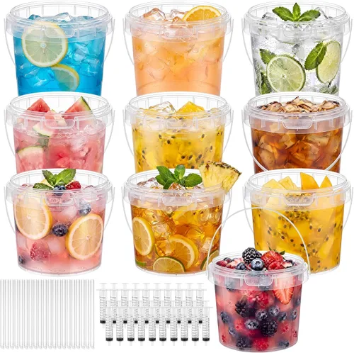 Vista 11 de Willinglong Juego de 20 cubos de plástico transparente de 16 onzas para bebidas con pajitas, tapas y jeringas para bebidas, tazas de café helado