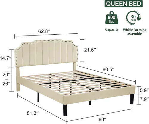 Vista 2 de VECELO Base de cama tamaño Queen tapizada con cabecera ajustable copetuda/base de colchón con soporte de listones de madera, fácil montaje, beige