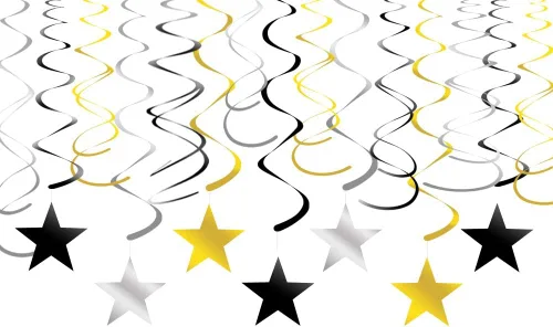 Vista 4 de Decoraciones colgantes de espirales negras, blancas y plateadas con recortes de estrella, juego de 30