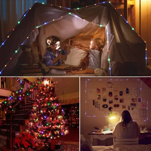 Vista 7 de Tira de luces LED que funciona con pilas, cadena de luces de hadas de 40 pies, 120 LEDs, 8 modos, para exteriores, impermeable