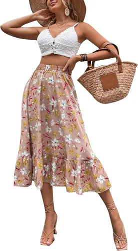 Vista 3 de katiewens Falda larga con estampado de leopardo para mujer falda larga elástica con dobladillo floral y volantes