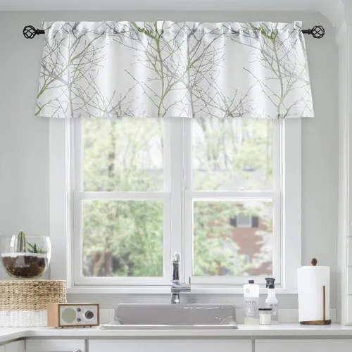 Vista 13 de FMFUNCTEX Cortinas de cenefa de ventana con estampado de ramas de árbol negro, cenefa corta semitransparente blanca para cocina, baño, bolsillo