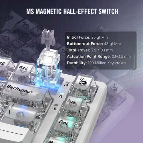 Vista 3 de Bloody MS76 Hall Effect Magnetic Gaming Keyboard Exact Reset System Analog Control 82 Key RGB Wired Crystal White (Crystal White)