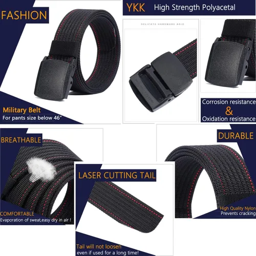 Vista 4 de LionVII Cinturones de trabajo de nailon para hombre, cinturón de lona transpirable con hebilla de plástico, fácil de recortar para adaptarse a Negro