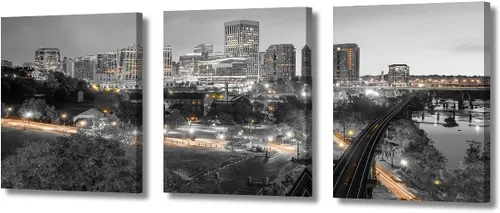 Vista 31 de TUMOVO Arte de pared en blanco y negro con paisaje urbano de Nueva York, decoración de pared de horizonte de Nueva York para sala de estar, puente