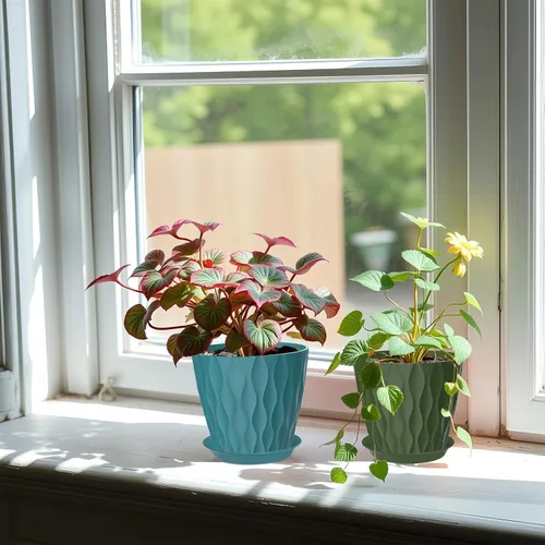 Vista 5 de Paquete de 6 macetas de 7 pulgadas con drenaje y platillos, macetas de plástico multicolor para plantas de interior y exterior, macetas apilables