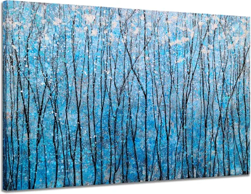 Vista 10 de SYGALLERIER Lienzo abstracto de árbol con pinturas texturizadas pintadas a mano en negro y azul con lámina plateada, imágenes modernas del bosque