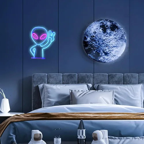 Vista 3 de ENUOLI Letrero de neón, diseño alienígena, plástico, 8.7 x 11.4 x 0.78 pulgadas, azul+rosa, letrero decorativo, alimentado por USB/batería, luz