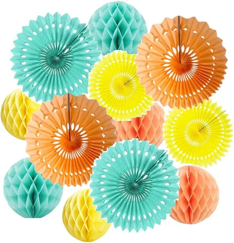 Vista 9 de 12 piezas de bolas de panal de 6 pulgadas y 8 pulgadas, abanicos de papel de seda, abanicos de bolas de panal para fiestas, decoraciones de pared