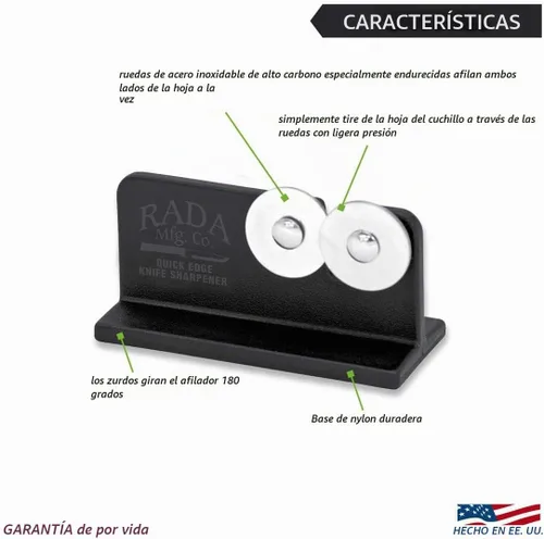 Vista 5 de Afilador de cuchillos Rada Quick Edge (R119), 3.5"x2", ruedas de acero inoxidable, fabricado en Estados Unidos Ruedas de acero inoxidable de 3.5