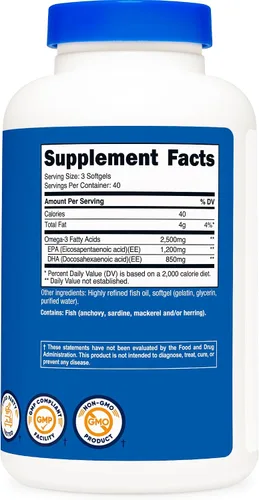Vista 5 de Nutricost Aceite de Pescado Omega 3 - 2500 mg, 120 cápsulas blandas (40 porciones) - Aceite de pescado, capturado en la naturaleza! 1200 mg EPA 850