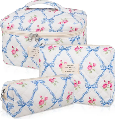 Vista 9 de Juego de bolsas de maquillaje, bolsa de maquillaje acolchada, bolsa grande para cosméticos florales para mujer, bonitas bolsas de maquillaje