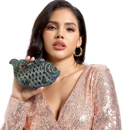 Vista 3 de Boutique De FGG Bolsos de mano con diamantes de imitación de pescado para mujer, bolsos formales de noche, bolso de graduación, boda, fiesta, bolsa