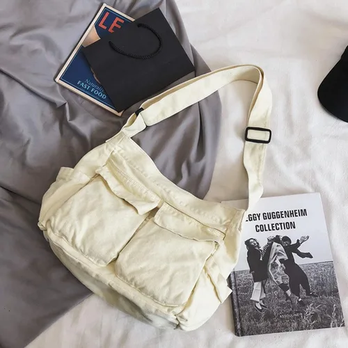 Vista 2 de Bolsa tipo mensajero, bolso cruzado grande con múltiples bolsillos de lona, bolsa de hombro para mujeres y hombres