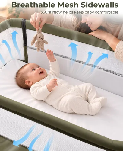 Vista 7 de Cuna de bebé 5 en 1, cama de noche con balanceo suave, 7 alturas, verde
