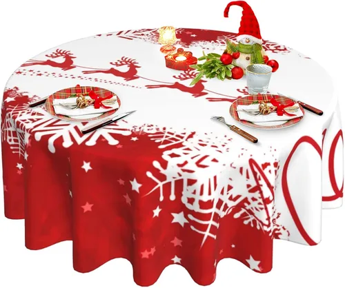 Vista 15 de Mantel redondo de Navidad con diseño de copos de nieve de Navidad para cocina, comedor, decoración de mesa de poliéster lavable para mesa de bufé