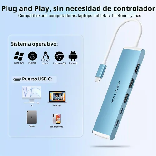 Vista 7 de WALNEW Hub USB-C 7 en 1 con HDMI 4K, 100 W PD, puerto de datos de 5 Gbps (1 tipo C y 2 USB 3.0), lector SD/TF, adaptador multipuerto Thunderbolt 4