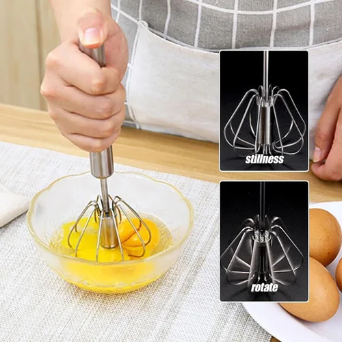 Vista 2 de Batidora de mano, batidor semiautomático de acero inoxidable, batidor de huevos semiautomático giratorio, herramienta agitadora de mano para Plata