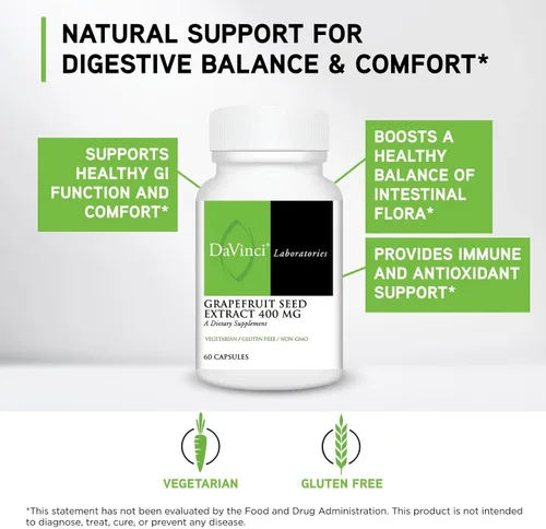 Vista 3 de DAVINCI Labs Extracto de semilla de pomelo 400 mg – Apoya la salud intestinal digestiva y digestiva – Sin gluten, vegetariano – 60 cápsulas
