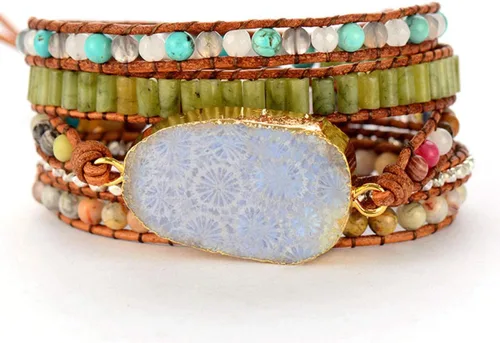 Vista 15 de ZOSOJONA - Pulseras bohemias hechas a mano de piedra natural, que dan vuelta, con cuentas de cristal de turquesa