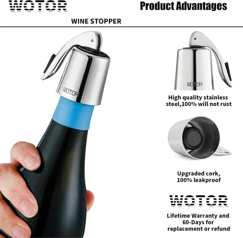 Vista 2 de WOTOR Tapones de champán con acero inoxidable + tapones de vino de acero inoxidable, paquete de 2 (plateado)