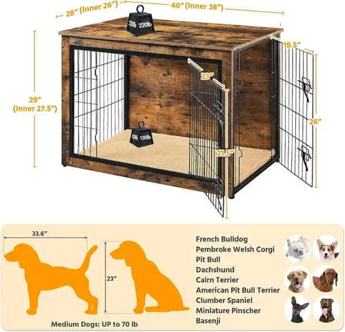 Vista 3 de Yaheetech Jaula para Perros de 40'' como Mueble con Cojín, Jaula de Madera para Perros con Puertas Dobles/Patas Ajustables, Mesa Lateral para Perros