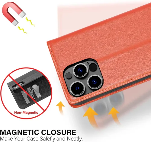 Vista 6 de Utook Funda compatible con iPhone 14 Pro Max, funda magnética de cuero genuino con tapa para teléfono celular con tarjeta de crédito RFID bloqueo a