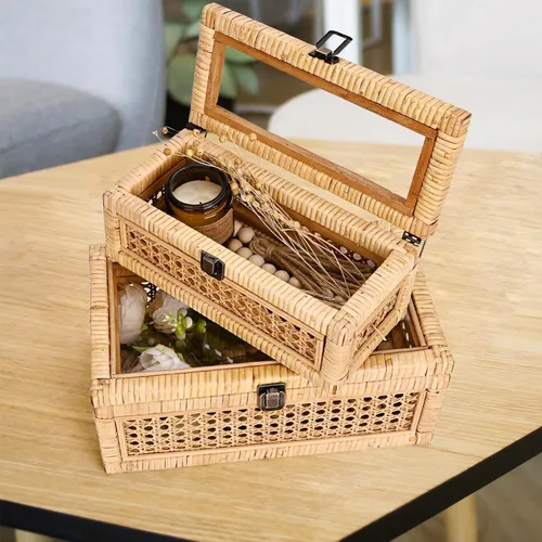 Vista 6 de HUAXIN CRAFT H Caja decorativa de ratán con tapa, rectangular tejida con vidrio para exhibición, juego de 2 mimbre para decoración