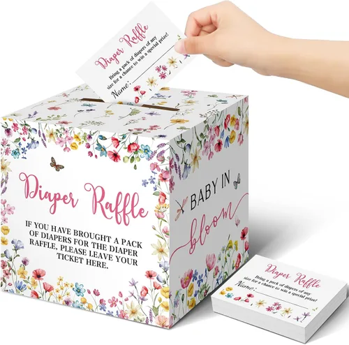 Vista 29 de Teling 51 boletos para rifas de pañales con caja de tarjetas, decoración de baby shower, caja de revelación de género para fiesta de rifas