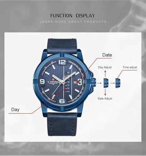 Vista 3 de NAVIFORCE Date Quartz Men Casual Militar Sports Japón Movimiento de cuarzo Relojes de pulsera de cuero genuino (azul)