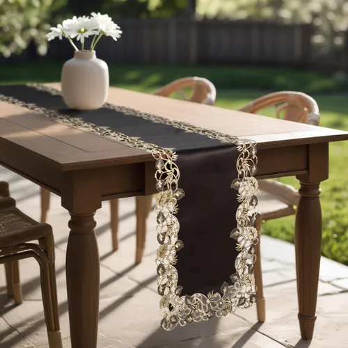 Vista 2 de DECOZEN Camino de mesa navideño de encaje dorado negro – Bufanda bordada para comedor y tocador para mesas de vacaciones, bodas y fiestas – 14 x 108
