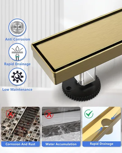 Vista 3 de YEFU Drenaje de ducha lineal dorado para baño: drenaje de ducha de 12 pulgadas con rejilla de inserción de azulejos - Drenaje lineal rectangular