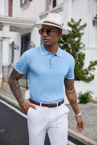 Vista 100 de COOFANDY Camisas polo de punto para hombre de manga corta con textura acanalada Camisas de golf casuales y ligeras con cuello Camiseta de polo