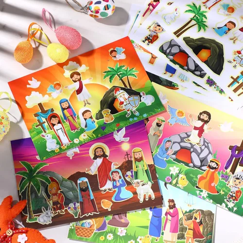 Vista 5 de Outus Juego de 32 calcomanías para hacer una Pascua y escenas con texto en inglés «He is Risen» para fiestas de juegos, actividades en el aula, arte